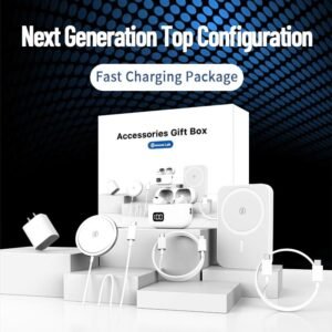 6-in-1 Charging Kit: Fast Charge, Magnetic Power Bank, Wireless Charger, Type-C to Lightning Cable, Adapter & Audio Support, Compact & Portable.