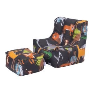 Kids Bean Bag Armchair – Toddler Beanbag Chair with Footstool, Printed Indoor Pouffe Set